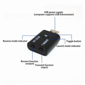 USB Bluetooth 5.0 Adapter 2 v 1, USB, Bluetooth, Sprejemnik/ Oddajnik,AUX-in v 3,5 mm Jack, Denoise HIFI Glasbo za TV