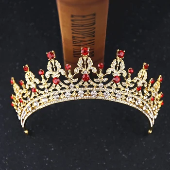 Vintage Zlato Krono Za Nevesto Red Crystal Royal Krone Tiaras Ženske Lase, Nakit, Poročni Princesa Nosorogovo Krono