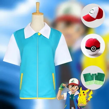 Visoka Kakovost Pokemon Ash Ketchum Cosplay Kostum Modra Jakna + Rokavice + Klobuk +Žogo Ash Ketchum Kostumi