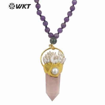 WT-N1243 Ekskluzivni design 8 mm krog a-methyst kamen ogrlica za ženske zimske vroče roza kremen velik kamen močen ogrlico, obesek