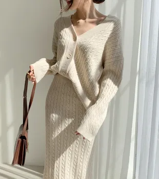 ZAWFL dvodelne ženske pleteno obleko nastavite Elegantno jesensko zimski pulover obleko obleke z Dolgimi rokavi gumb čisto krilo obleko