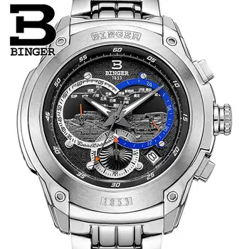 Švica ure moških luksuzne blagovne znamke ura BINGER Quartz moška watch celoti iz nerjavečega jekla, Kronograf Potapljač glowwatch B6013-3