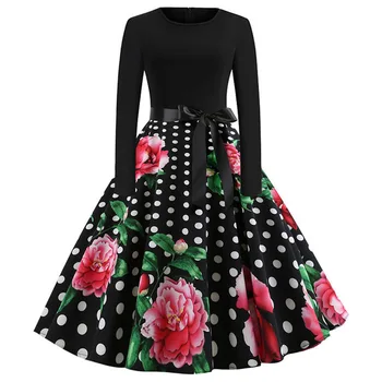 Ženske 50S, 60S Vintage Plašč Swing Pinup Eleganten Stranka Obleko z Dolgimi Rokavi Priložnostne Plus Velikost Tiskanja Črno Zimo Božič Obleke