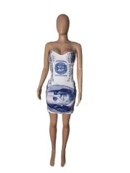 Ženske Obleke Brez Naramnic Denar Dolar Tiskanja Mini Obleka Korzet Bodycon Obleko Haljo Vestidos
