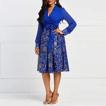 Ženske Royal Modre Pravljice Obleke Ženska Pade 2019 Dolg Rokav Čipke-Up Priložnostne Black Urad Dame Delo Stranke Elegantne Retro Obleko