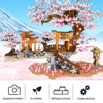 1167pcs Mesto Street View Ideja Sakura Inari Svetišče Opeke Prijatelji Češnjev Cvet Stvarnika, Hiša, Drevo, Gradnjo Blokov, Igrače, Kot Gitfs