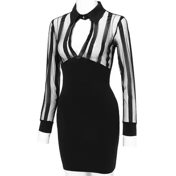 2020 Moda Za Ženske Ženska Obleke Nov Prihod Dolg Rokav Odklon Prugasta Očesa Mozaik Bodycon Priložnostne Črno Obleko Haljo Seksi