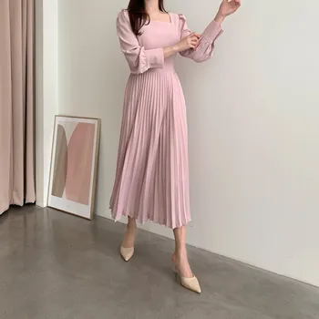 2020 Nove Jesensko Ženske Koreja Elegantna Nabrano Obleko za Ženske z Dolgimi Rokavi Priložnostne Trdne Temperament Lady Obleke Vestidos