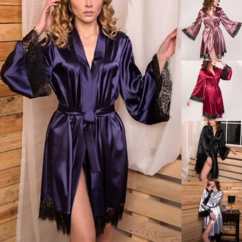 2020 Nove Vroče Ženske Seksi Nightgown Saten Čipke Kimono Sleepwear Perilo, Obleko Obleke Haljo Kompleti Erotični Babydoll Ženske Vestido