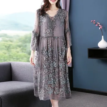 2020 Pomlad Poletje korejskem Slogu Ženska Visoka Vitka Vezenje Sivo Obleko , Svoboden 4xl Imitacije Svile Obleke za Ženske