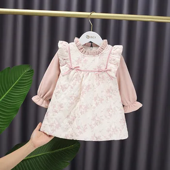 2020 Pozimi Sweet Baby Dekleta Oblačenja Roza Dolg Rokav Natisnjeni A-line Obleko Zgostitev Toplo Princesa Obleko Otroci