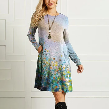2021 Elegantno Cvetlični O-Vratu Long Sleeve Vintage Ženske Obleke Pomlad Bombaž Mešanica Gradient Puloverju Visok Pas Naravnost Obleko