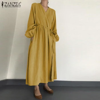 2021 Moda za Ženske obleke ZANZEA Ženske V Vratu Priložnostne Luč Dolg Rokav Obleke, Sredi Tele Vestidos Elegantno Žensko Bohemian Robe