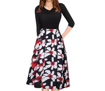 2021 Vintage Moda obleko ženske Proti-vrat cvjetnim tiskanja linijo Visoko Pasu Sredi rokav Retro Stranka Mozaik Žep obleke