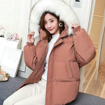 2021 Zimske Ženske Puhasto Jakno Kratek Toplo Oblazinjeni korejski Oblačila Slog Vrhnja oblačila Modi Krzno Na Kapuco Belo Jakno