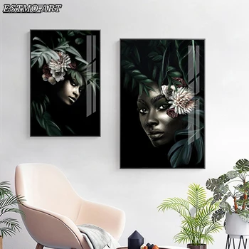 Afriška Ženska Cvet, Beli in Črni Povzetek Wall Art Platno Slikarstvo Letnik Soba Dekor plakat boho dekor