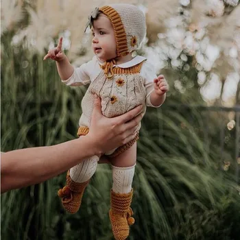 Baby Baby Dekle Plesti Romper Novorojenega Dojenčka Jesenski Oblačila Otrok Jumpsuit Obleke Malčka, Pletenje, Igralne Obleke + Klobuk