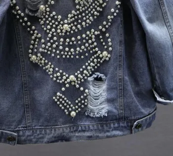 Biseri pohaban luknjo denim jakna ženske dolg rokav modni jeans, jakne 2020 jeseni nov prihod