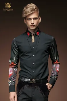 Brezplačna Dostava za Nove modne priložnostne moške osebnosti moški korejski dolgo sleeved majico črne vezenine cvet majica 2033 FanZhuan