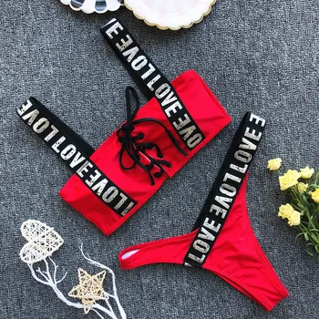 GACVGA 2019 Pismo Natisnjeno Ženske Bikini Kopalke Ženske Kopalke Dveh kosov Bikini komplet Čipke Bather kopalke Plavati Biquini