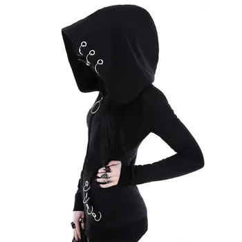 Gothic Punk Ženske Hoodies Z Obroči Svoboden Veliko Kapuco Pozimi, Jeseni Black Long Sleeve Majica Zadrga Jakno Plašč Plus Velikost 5XL