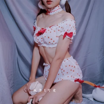 Japonski Seksi Kawaiii Čipke Lok Jagode Kratek Rokav Vrhovi Hlače Lolita Spodnje Perilo Za Ženske More Cute Pižamo Določa