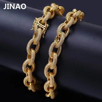 JINAO 12 MM Hip Hop Ledeni Iz Moške Zapestnice Zlato AAA Kubičnih Cirkon Težka Bakreni Material Zvit in Ovalne Povezavo Zapestnica 7