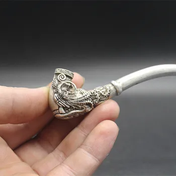 Kitajske ljudske stare Medenine ali Tibera srebro carving cigaret štedilnik Zmaj in Feniks Dim cevi pot