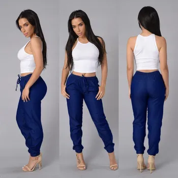 KLV Žensk elastični pas hlače priložnostno visok pas, jeans priložnostne blue jeans 6.14
