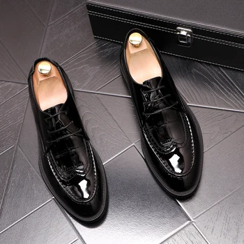 Korejski slog moških priložnostne poslovnih poroko formalnih obleke, lakastega usnja čevlji vklesan brogue čevelj črni bullock superge zapatos