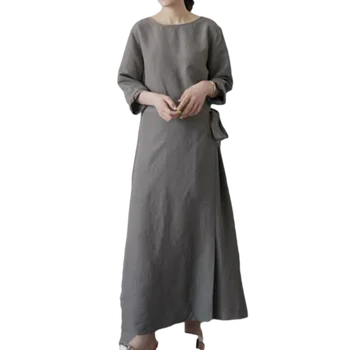 LANMREM 2021 Pomlad Krog vratu A-line Gleženj-dolžina Dolgo sleeved Sive Barve Vse-tekmo Japonski Stil Oblačenja Pri Ženskah 2A3014