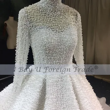 Luksuzni Polno Pearl Beaded Žogo Obleke Poročni Obleki 2021 100cm Vlak Letnik V Vratu Plus Velikost Poročne Obleke s Tančico 300 cm