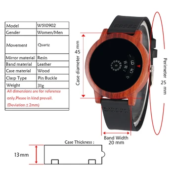 Minimalističen Gramofon Lesa Watch Edinstveno Fan-oblikovan gumb za Izbiranje Art Design Quartz Rdeče Sandalovine Primeru Usnje Pasu Moško ročno uro reloj