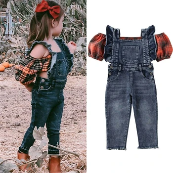 Moda Otroci Baby Girl Obleke Kariran Off Ramenski Puff Rokav Crop Zgornji Traper Kombinezon Suspender Hlače 1-6Y Obleko