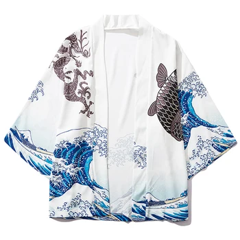 Moda Val Tiskanja 2021 Poletje Hip Hop Vrhovi Moških Japonski Slog Spredaj Odprti Coats Poletje Svoboden Japonski Kimono Jakna
