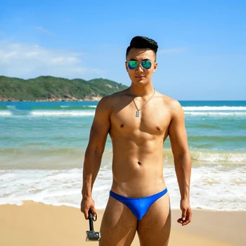 Moški Svetla barva kopalke 2020 nove moške seksi bikini tesen nizko pasu pol pack hip kopalke, vroče geji plavati debla hlačnic