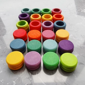 Najnovejši 12 barv mavrice serije Otroci Lesene Igrače Bukev Mavrica Kovancev in Obroči Stackable Bloki Narave premičnih Delov, Ustvarjalne Igrače