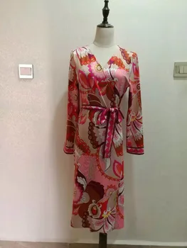 Nov Prihod 2016 jeseni, pozimi Elastična Obleka Ženske' Pisane Geometrijo Tiskanja Dolg rokav Stretch Jersey Svile Dan Obleko Plus velikost