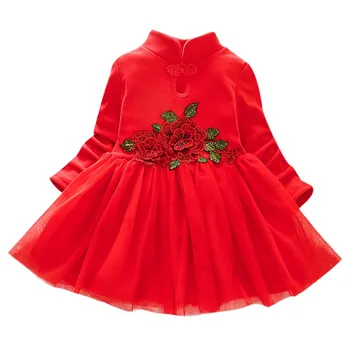 Novi Malček Dekleta Obleko Jeseni Mode Priložnostne Lep Sladek Cvet Vezenje Dolg Rokav Grenadine Mozaik Princesa Obleko