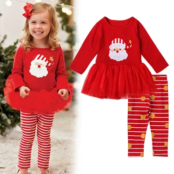 Novo 2017 Dojencek Dekliška Oblačila Božič Santa Boutique Obleke z Dolgimi Rokavi Bombaž Obleko z Trak Hlače za Otroke DS40