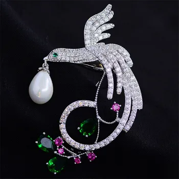 OKILY Elegantno Srebrno Barvo Cirkon Phoenix broška z Pearl Ptic, Živali, Broške Modna Poroko Broška Pribor za Ženske