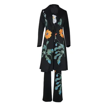 Pomlad / Jesen Nova ženska Moda in Ženske Temperament DOLGO Natisnjeni prahu plašč Obleko z Dolgimi Rokavi Priložnostne Udobno Komplet Treh Kosov
