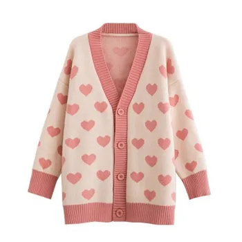 Pulover ženske roza belo srce, ki tiskanja ohlapno pletene jopice 2020 jeseni, pozimi novo sladko dolgimi rokavi, puloverji feminina LR830