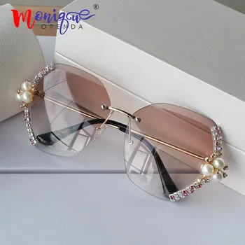 Rimless sončna očala ženske dekorativni nosorogovo luksuzni oblikovalec pearl HD postopno leče, sončna očala moški ženski odtenki oculos de sol