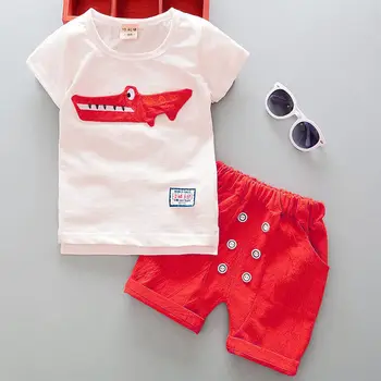 Risanka Bombaž Poletni Kompleti Oblačil za Otroke Fant Vrhnja oblačila Dinozaver Bela Kratek Rokav T-shirt+Rdeče Hlače Priložnostne Toddle Obleko