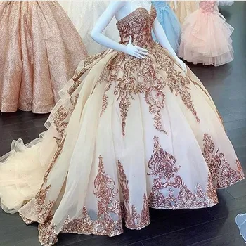 Rose Zlata Sequins Aplicirano Quinceanera Obleke 2020 Sparkly Kristalno Rdečilo vestidos de 15 años Off Ramenski Sweet 16 Obleko