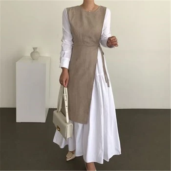 RUGOD francoskem Slogu Mozaik Jeseni Maxi obleke za Ženske Trdna Dolgimi Rokavi Ženske Obleka Ohlapno Modna Ženska Obleka
