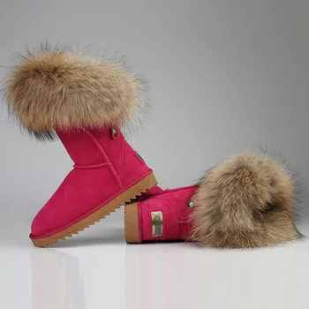 RUIYEE ženske visoki škornji usnjeni škornji prevelik lisica krzno dolgo škornji ženske čevlje 2018 nove cowhide sneg škornji