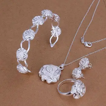 SMTCAT Rose Cvet Nastavite srebrni Nakit sklopov Ogrlice Uhani prstan bangle velikosti 8 18 inch Žensk na debelo afriški nakit set
