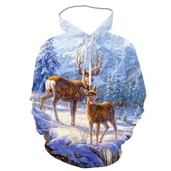 Spomladi in jeseni dolgo sleeved udobno krog vratu vrh, naravne, živalskega jelena 3D digitalni tisk hoodie